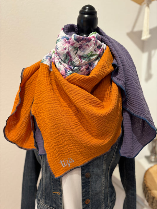 Musselin Halstuch lila-orange-blumen