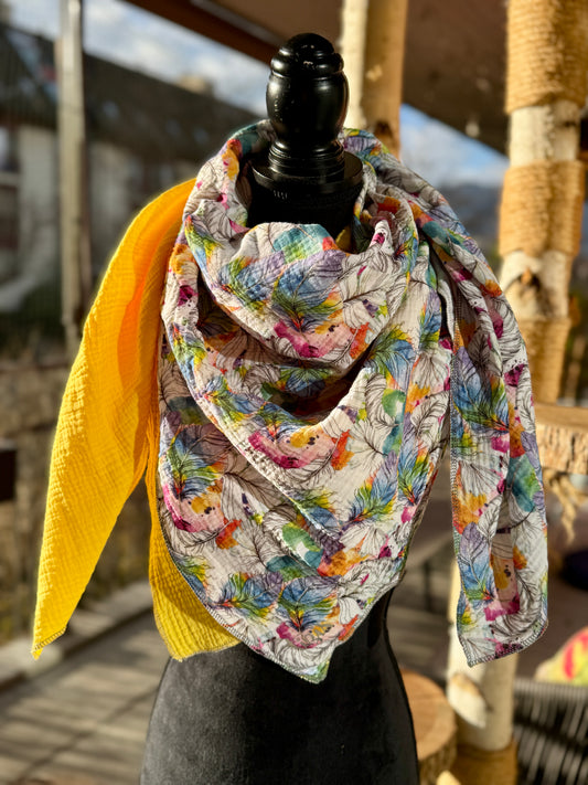 Musselin Halstuch- bunti Fäderä gelb