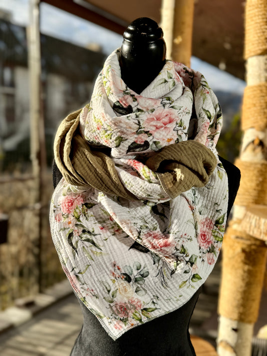 Musselin Halstuch - Blumenbouquet olive