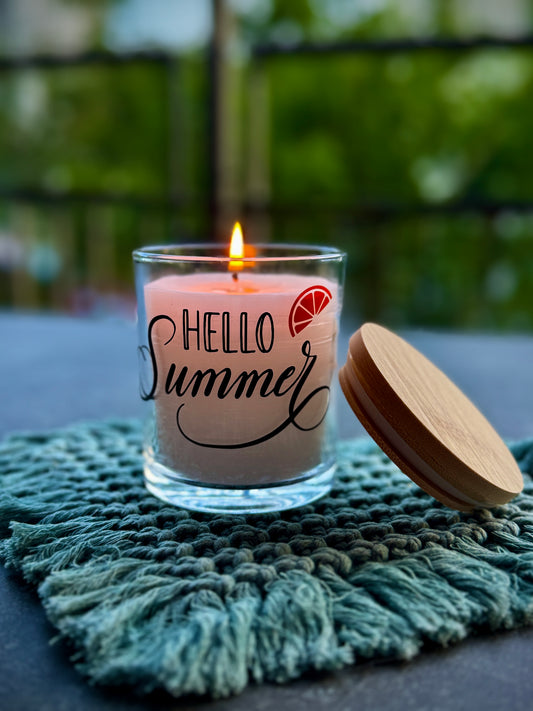 Windlicht mit Holzdeckel "Hello Summer"